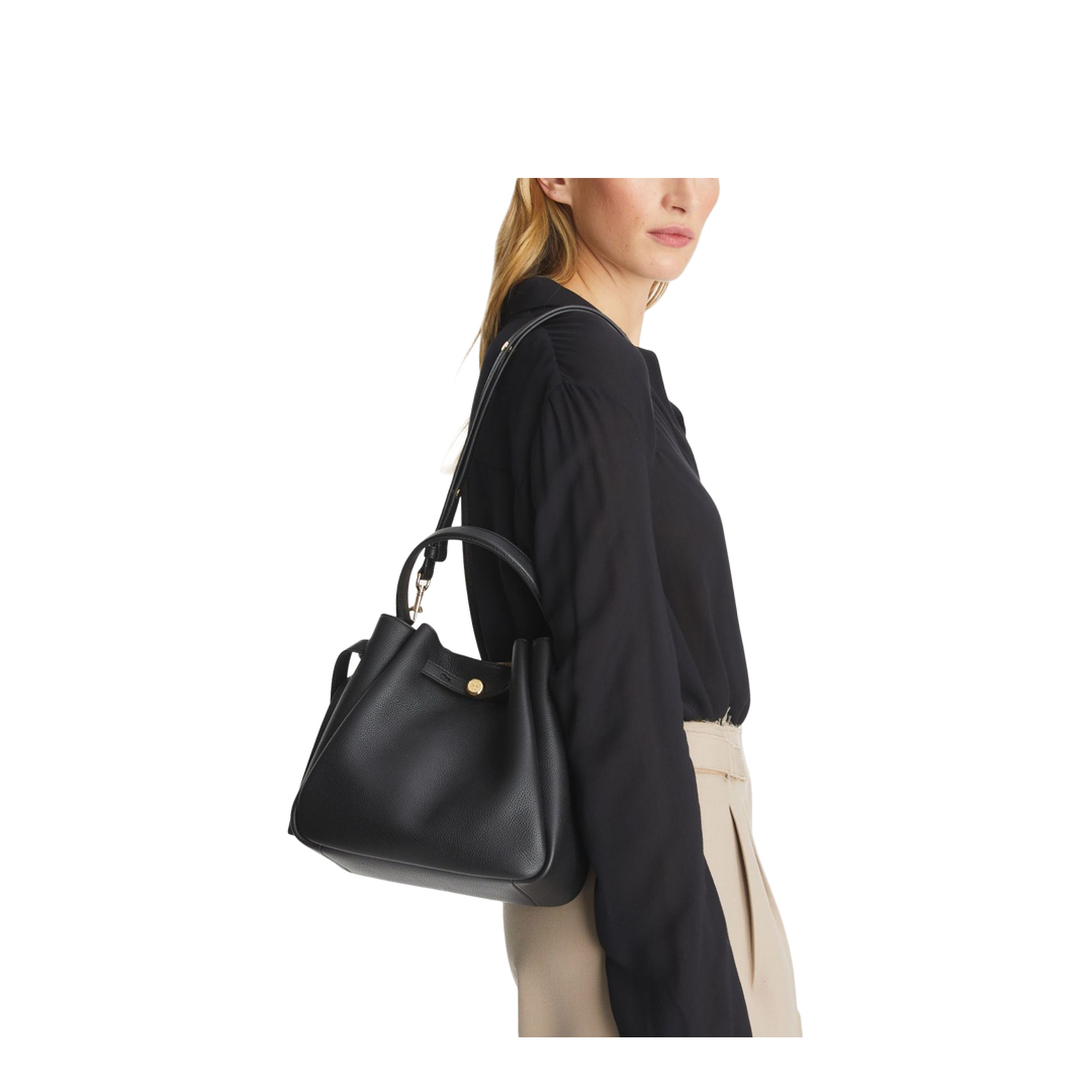 Romy Pebbled Leather Bucket Bag - Black