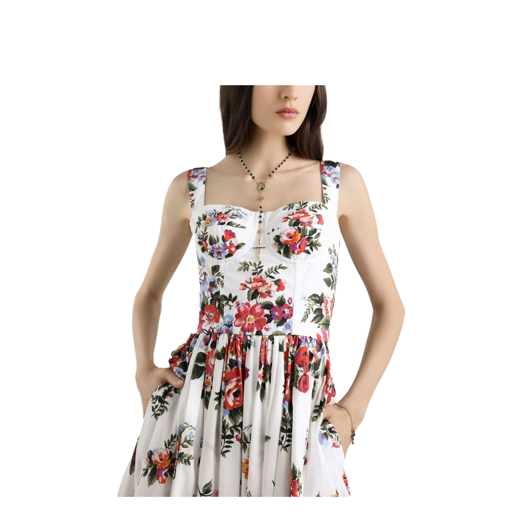 Flower Bouquet-Print Cotton Midi Dress
