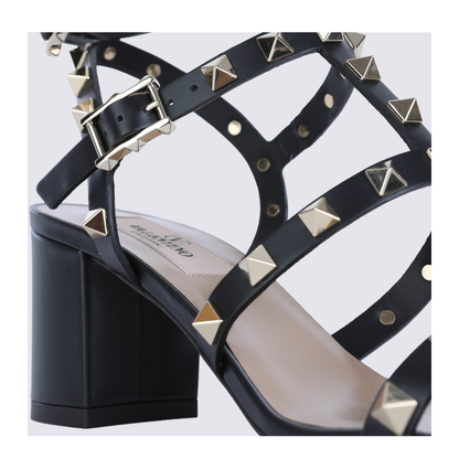 Rockstud Calfskin Leather Sandals with Studs in Black
