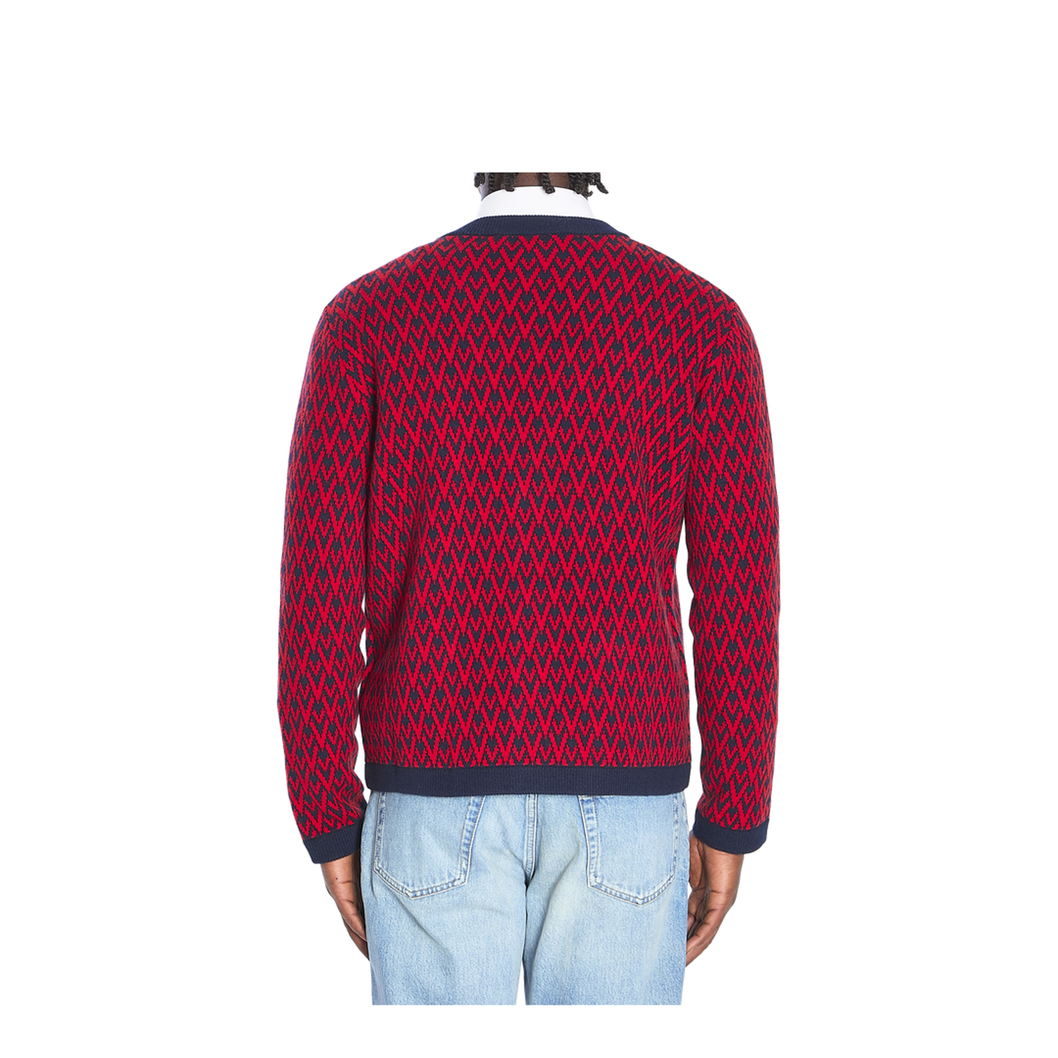 Navy and Red Wool V-Pattern Cardigan