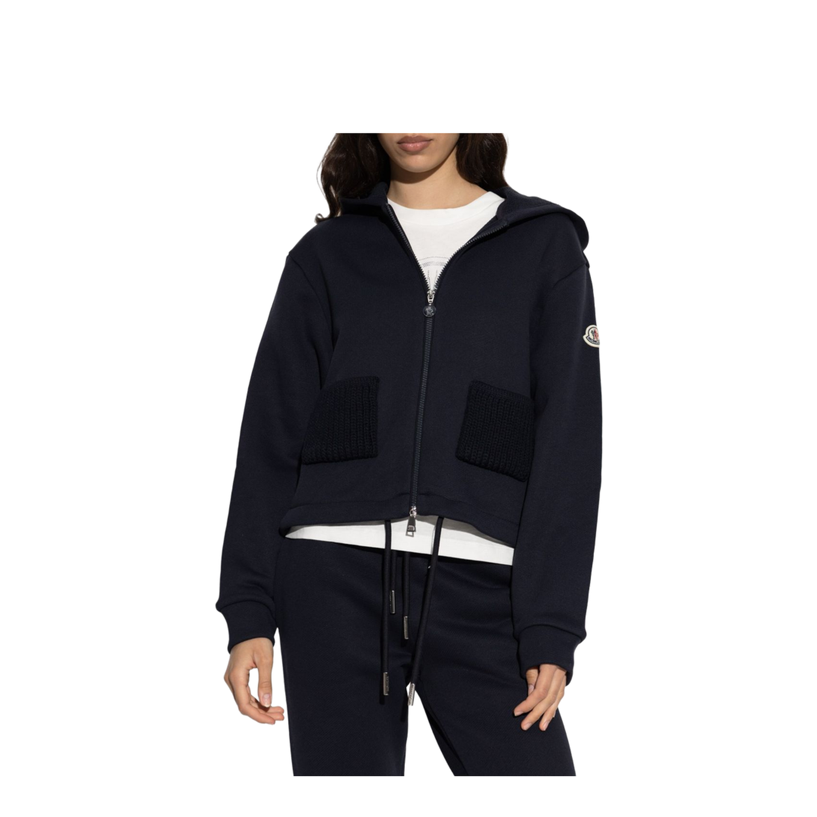 Navy Blue Knit Accent Cotton Zip-Up Hoodie