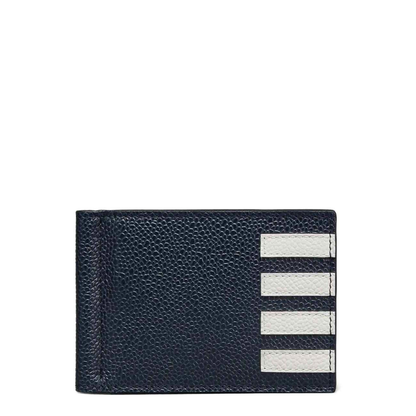Money Clip Wallet with Side 4 Bar Stripes in Pebble Grain Leather