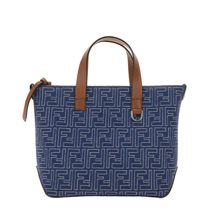 FF Leather Denim Effect FF Jacquard Blue And Brown Small Shopping Bag