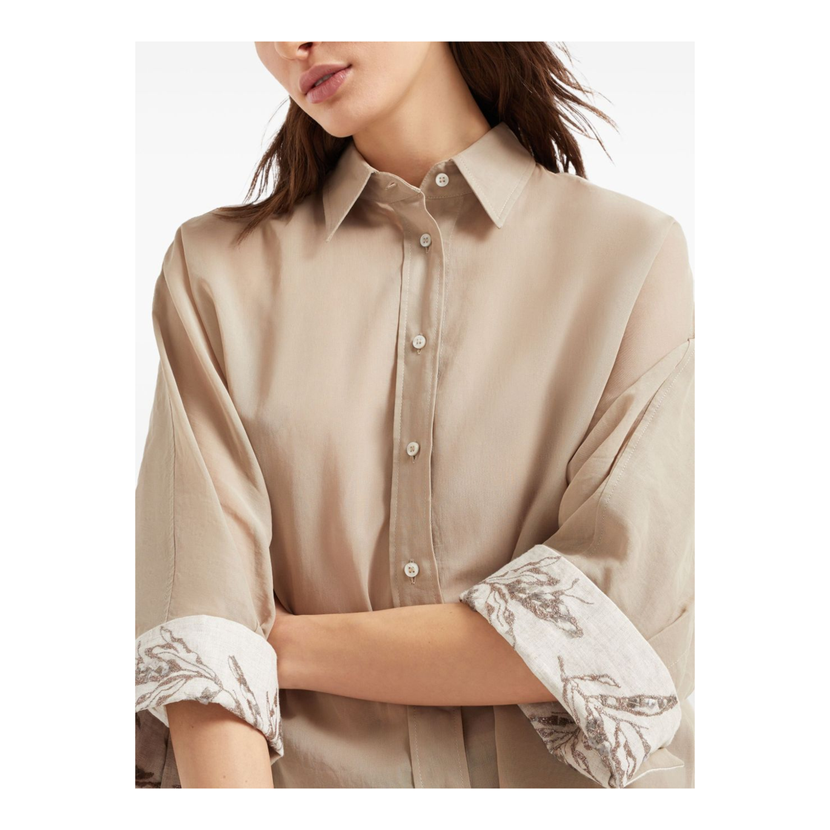 Classic Beige Cotton Shirt with Three-Quarter Sleeves