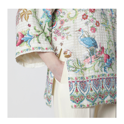 Cotton-Blend Basketweave Kesa with Flora and Fauna Motif