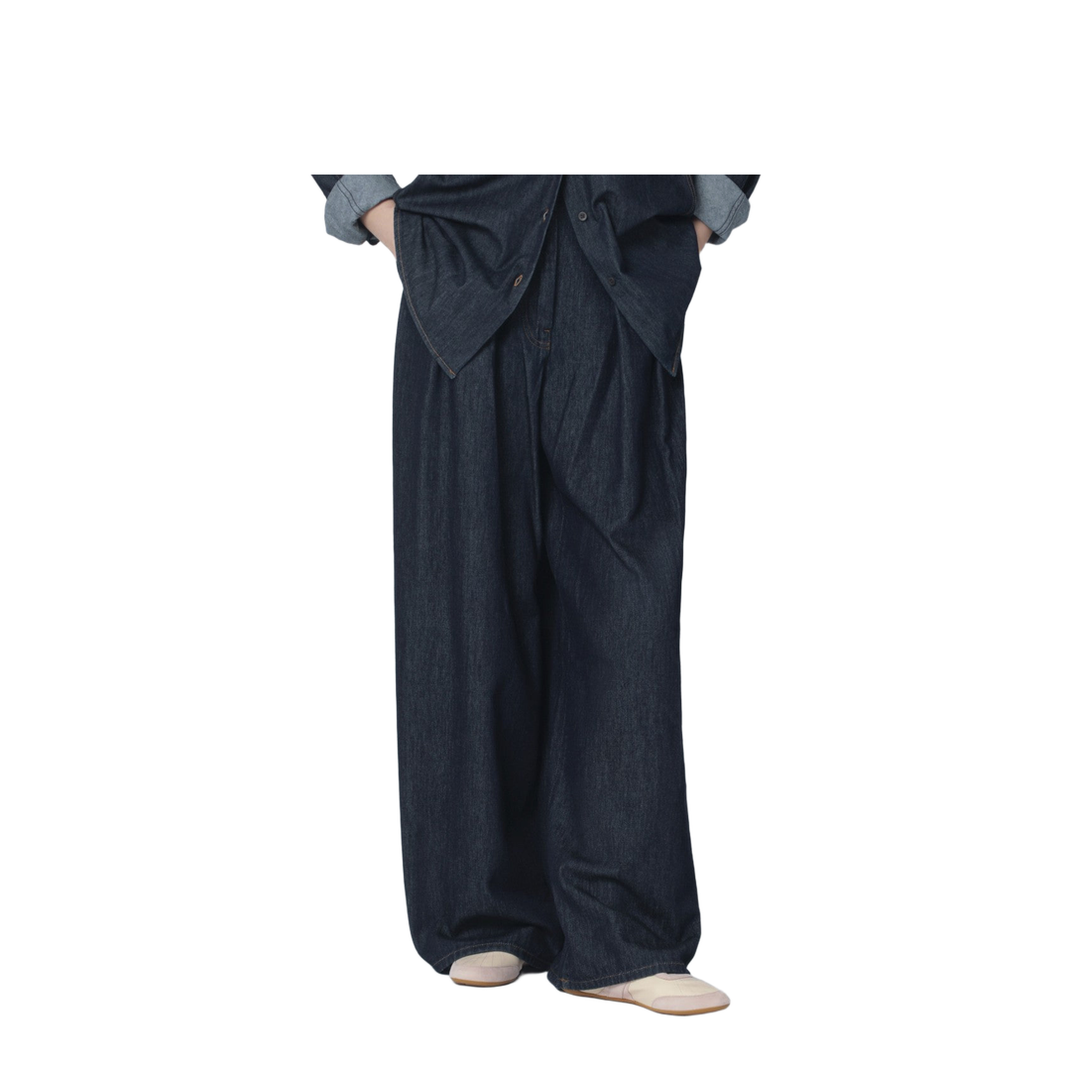 Indigo Denim Wide-Leg Trousers with Pleats