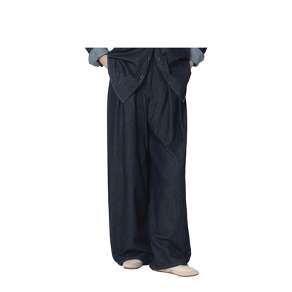 Indigo Denim Wide-Leg Trousers with Pleats