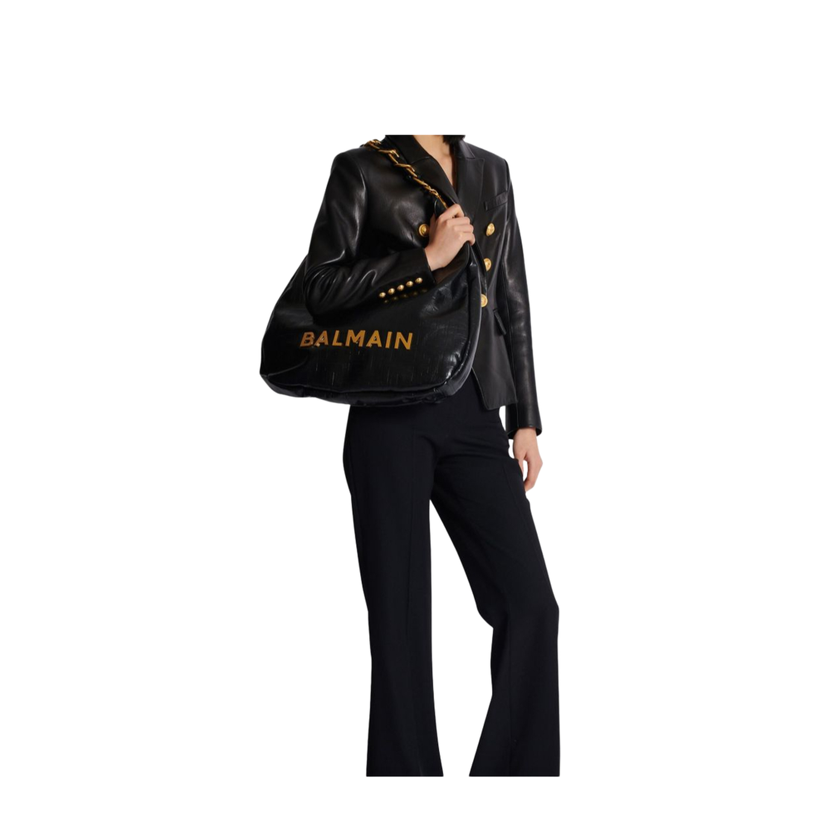 Quilted Logo Lettering Leather and Chain-Link Top Handle Bag
