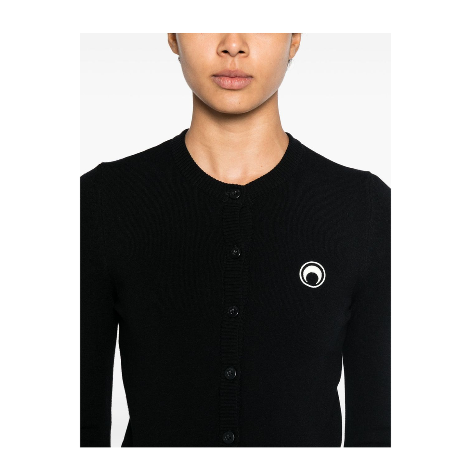 Crescent Moon Embroidery Crew Neck Long Sleeves Front Button Fastening Ribbed Cuffs and Hem