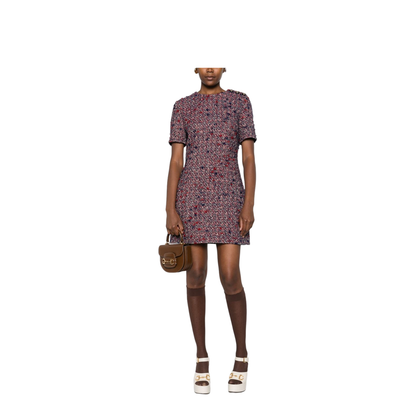 Wool Bouclé Dress in Red and Blue