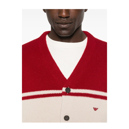 Red Horizontal Stripes Button Fastening V-Neck Patch Pocket Embroidered Logo