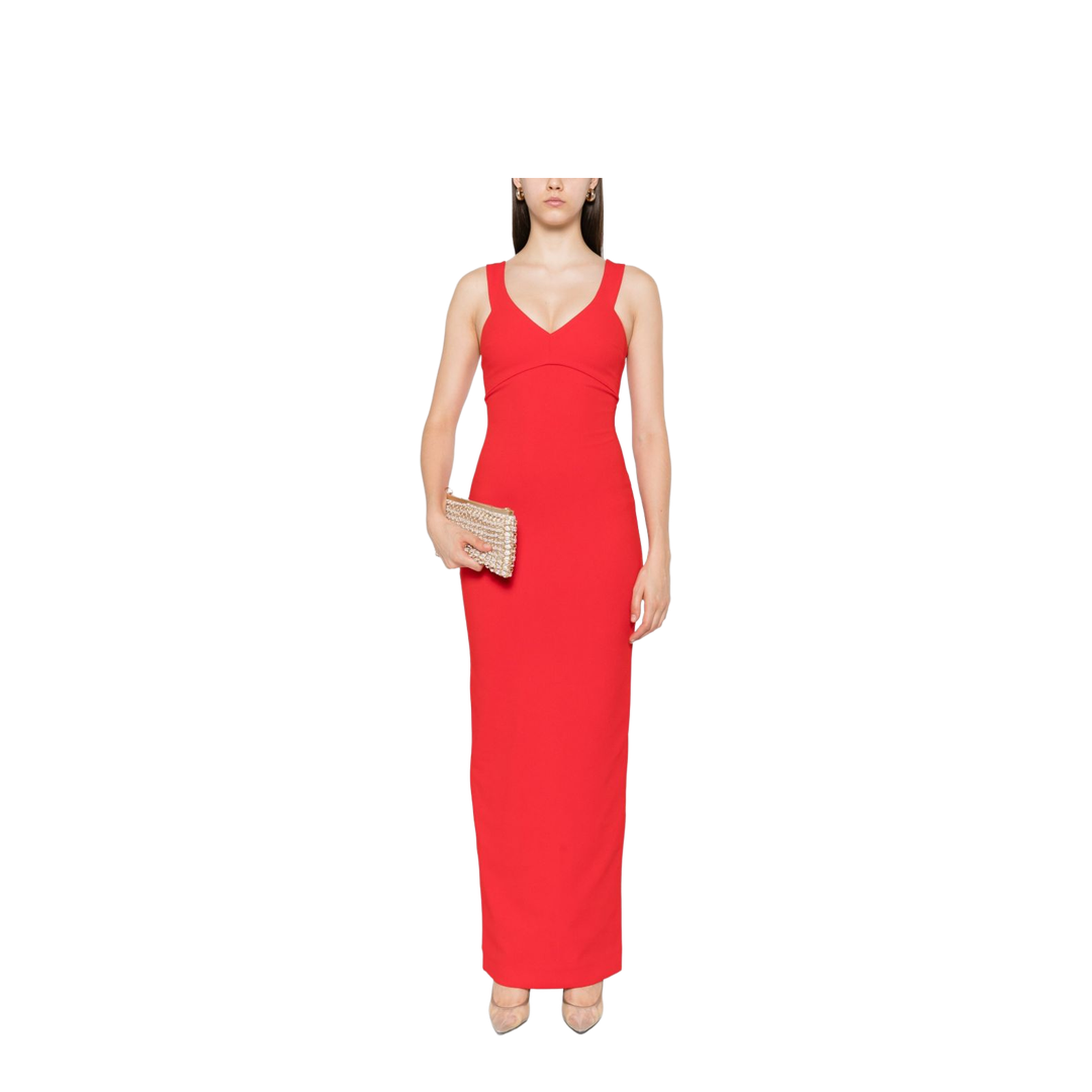 Red Sleeveless Design V-Neckline Fitted Bodice Maxi Length Straight Skirt
