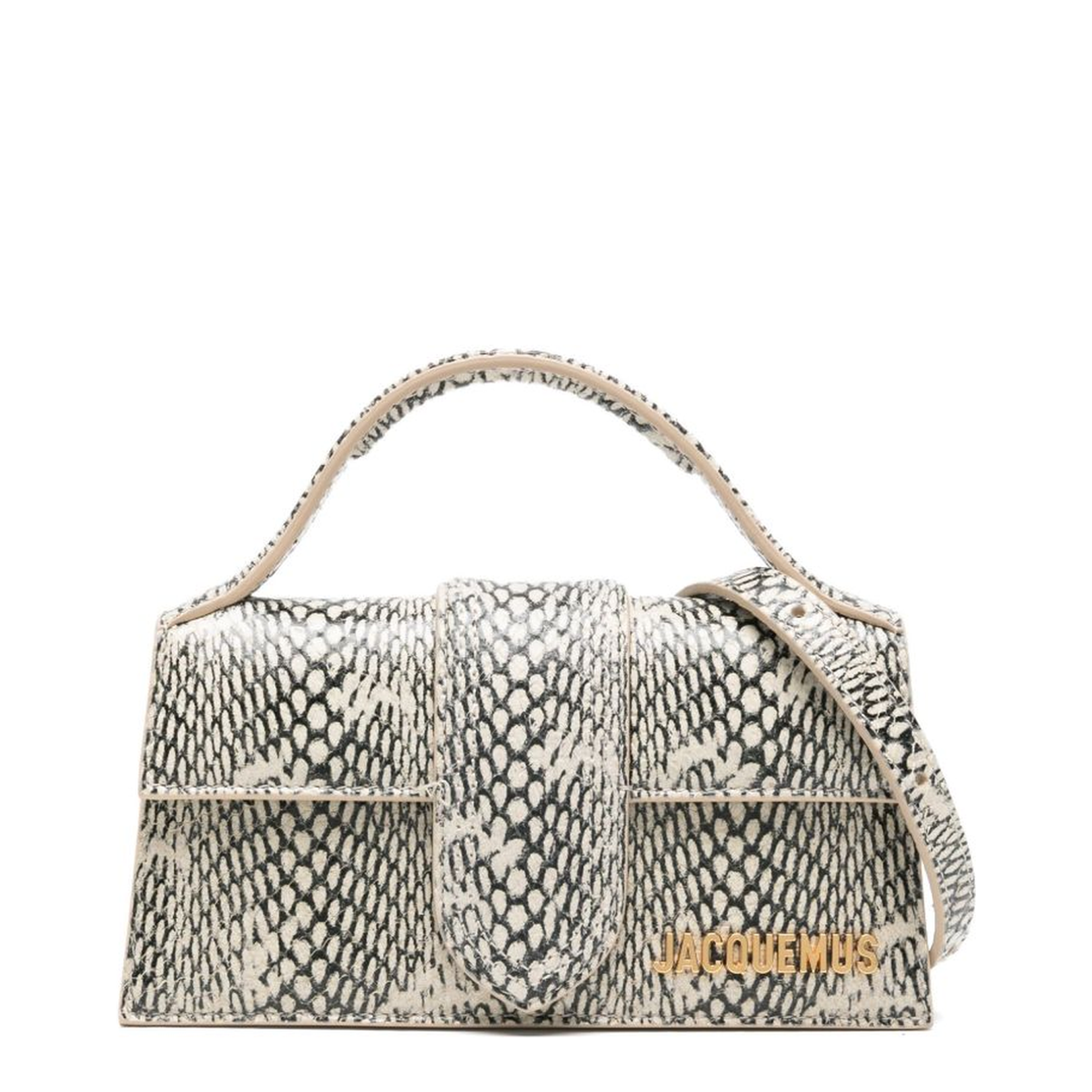 Beige Snake Print Top Handle Flap Closure Bag