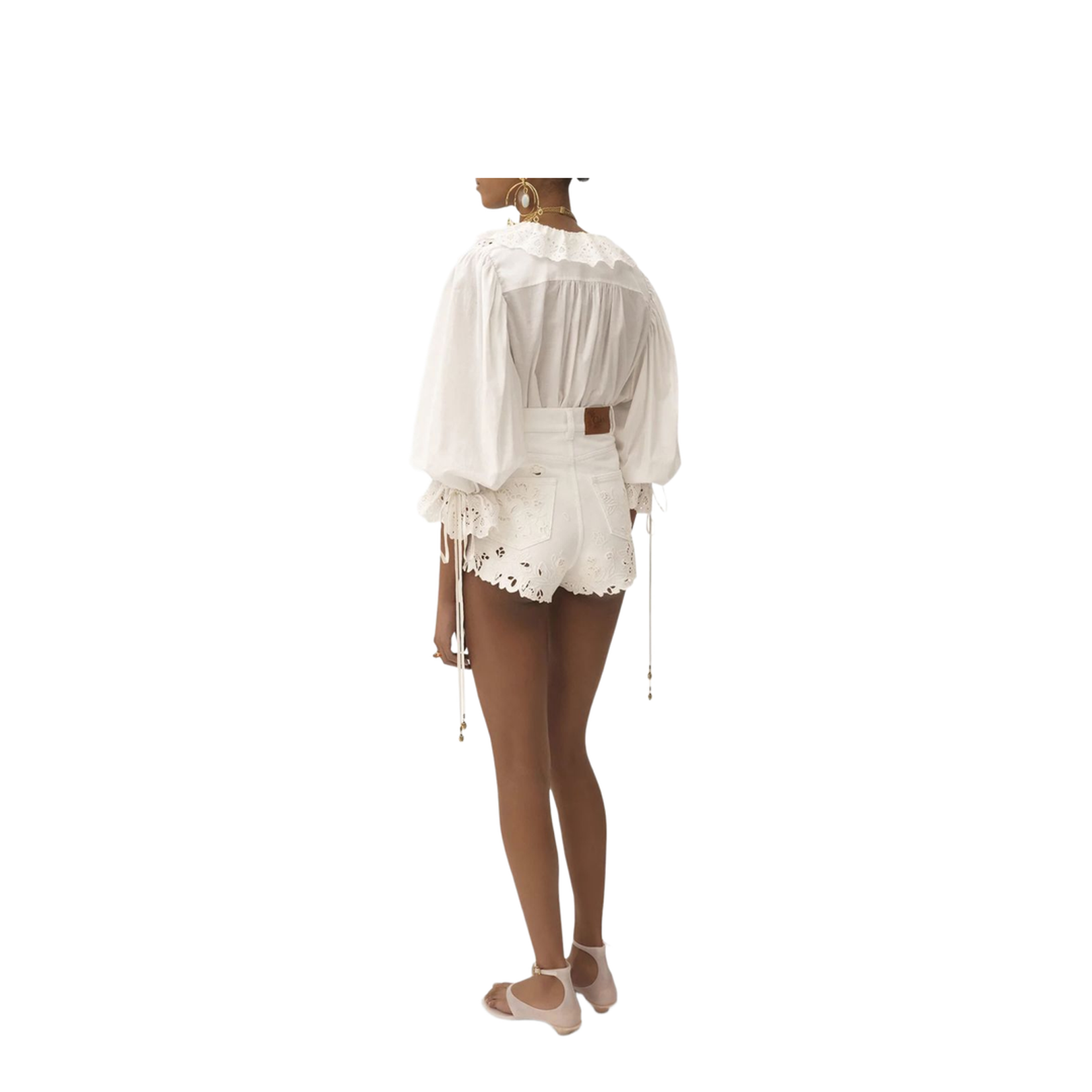 V-Neck Ruffle Trim Broderie Anglaise Balloon Sleeve Top