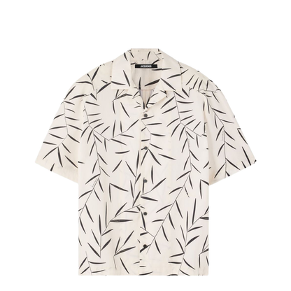 Cream Black Leaf Pattern Camp Collar Shirt