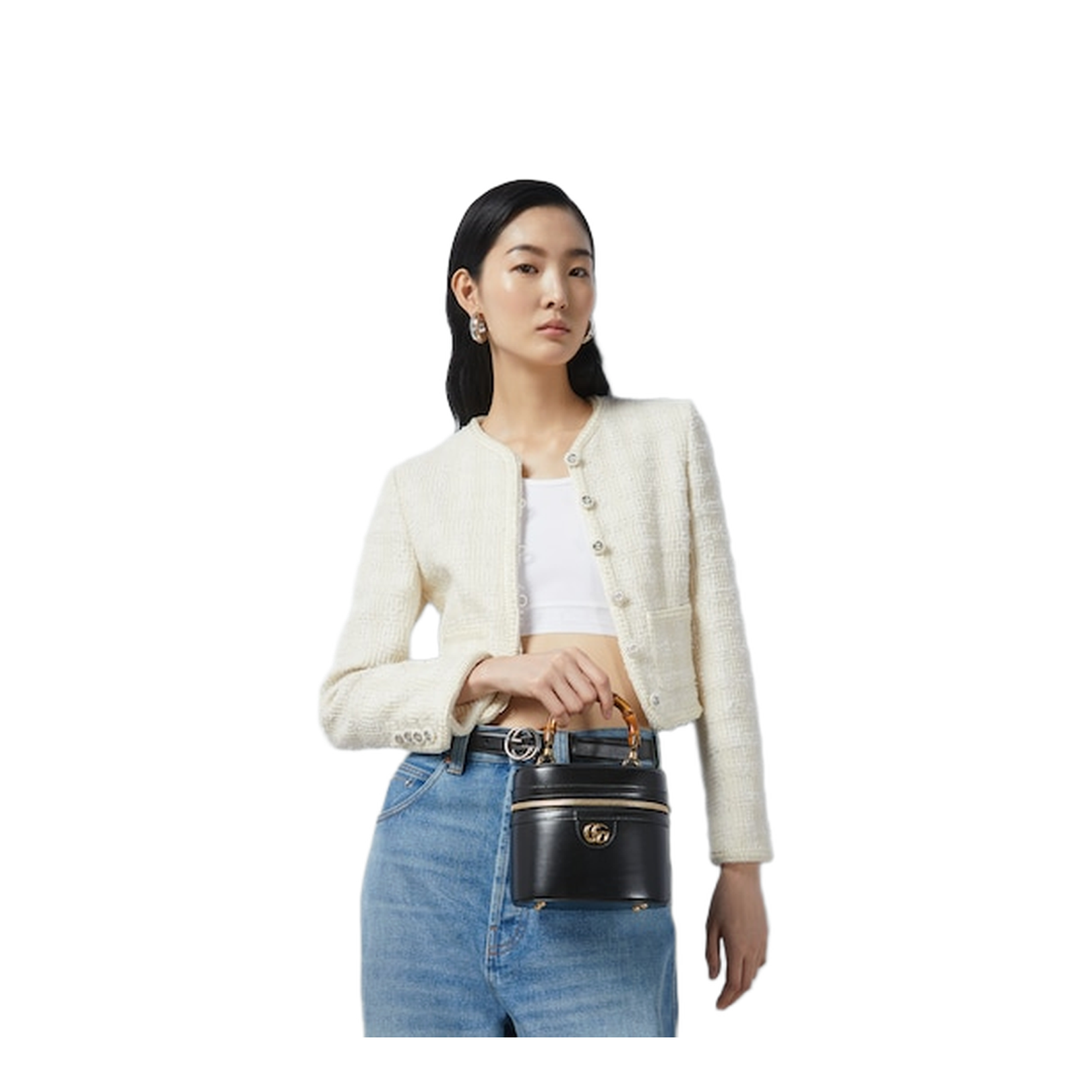 Mini Leather Vanity Bag With Bamboo Handle - Black