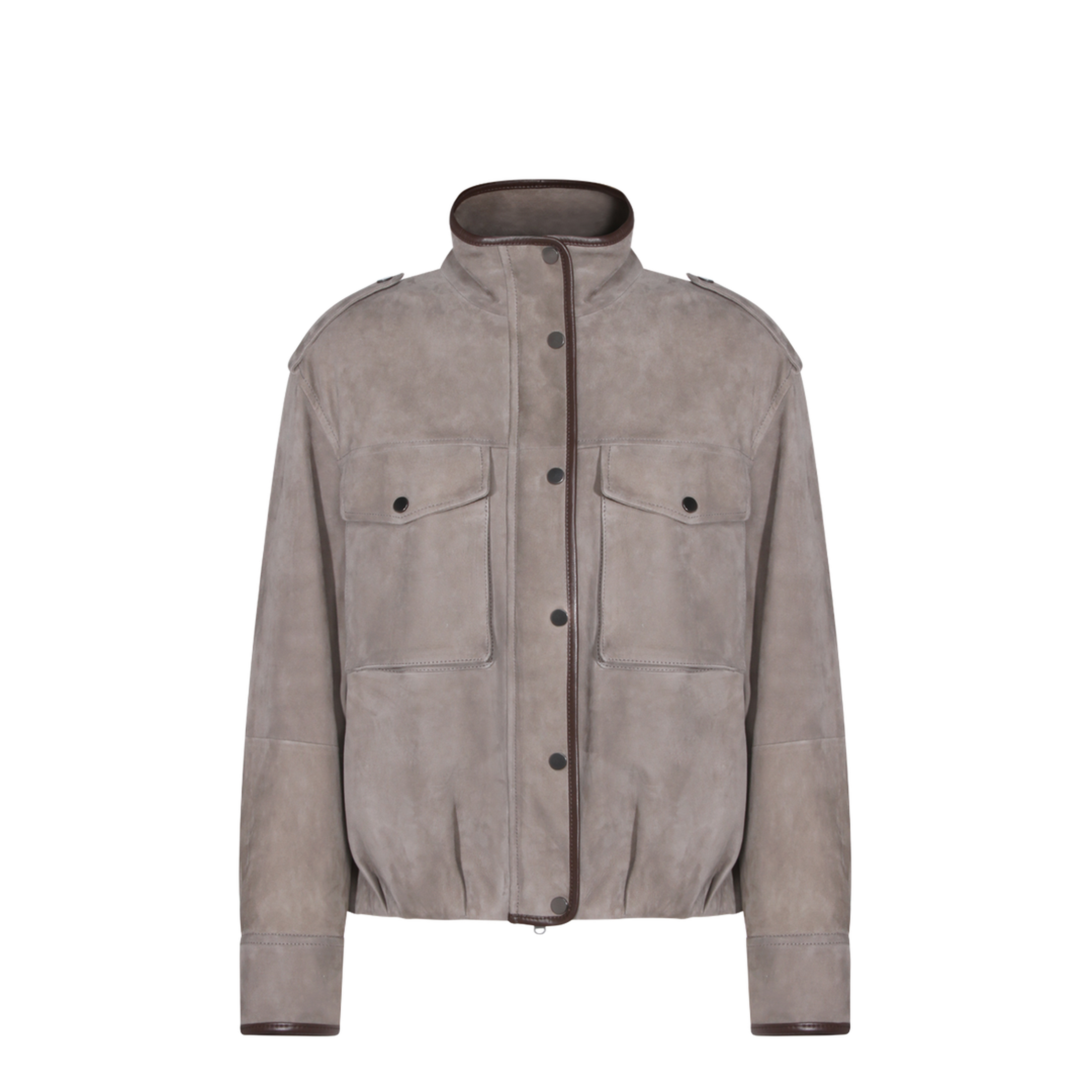 Faded Green Jacket With High Neck And Front Patch Pockets In Suede