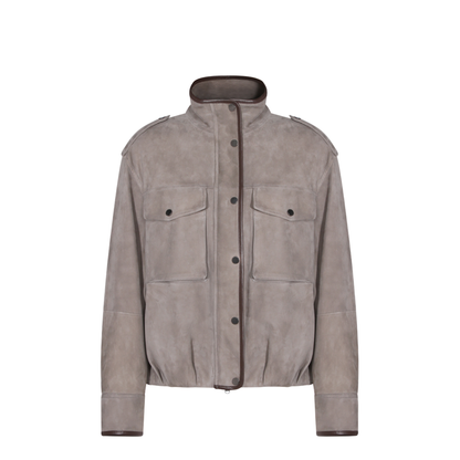 Faded Green Jacket With High Neck And Front Patch Pockets In Suede