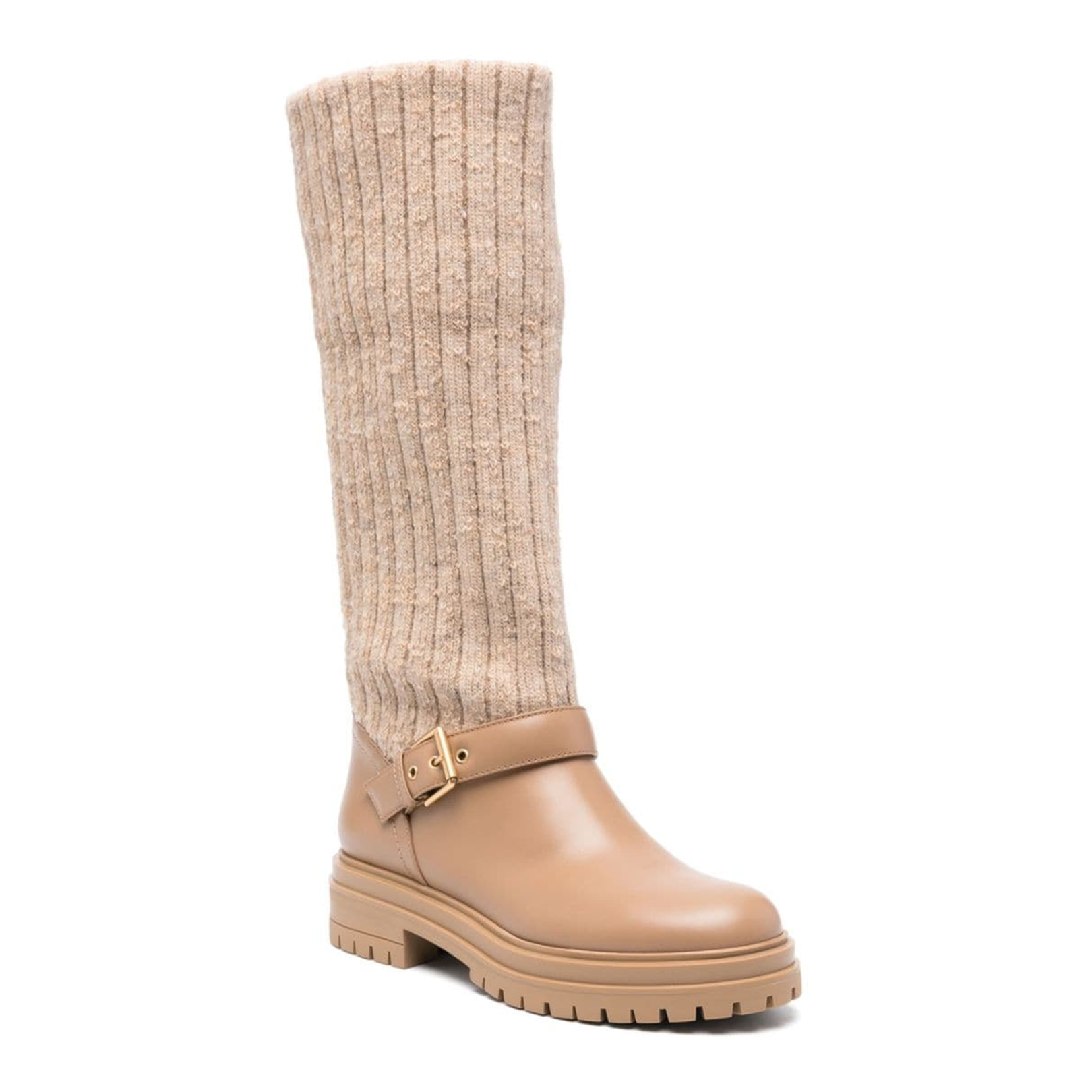 Desert Beige Calf Leather Panelled Design Slip-on Boots