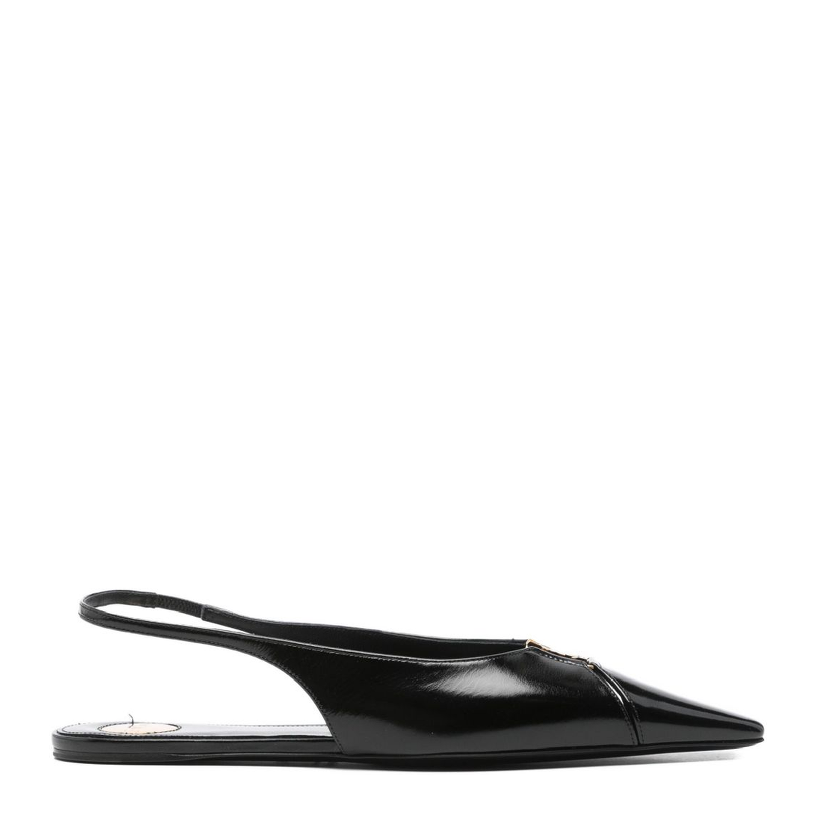 Black Leather Pointed Toe Slingback Strap Flat Sole
