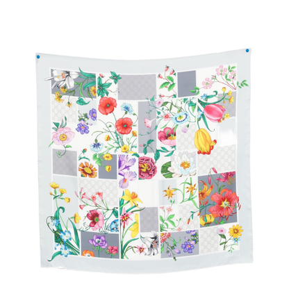 Printed Silk Twill Carré in Light Grey and Multicolour