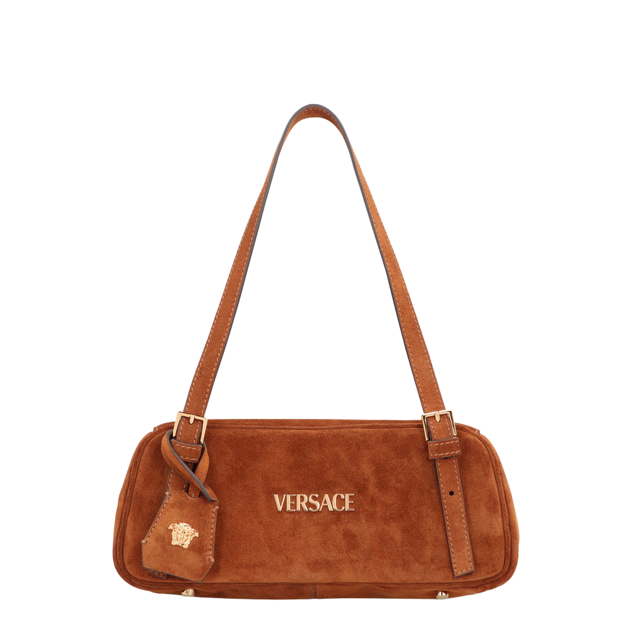Tag Small Suede Leather Bowling Bag - Brown, Gold