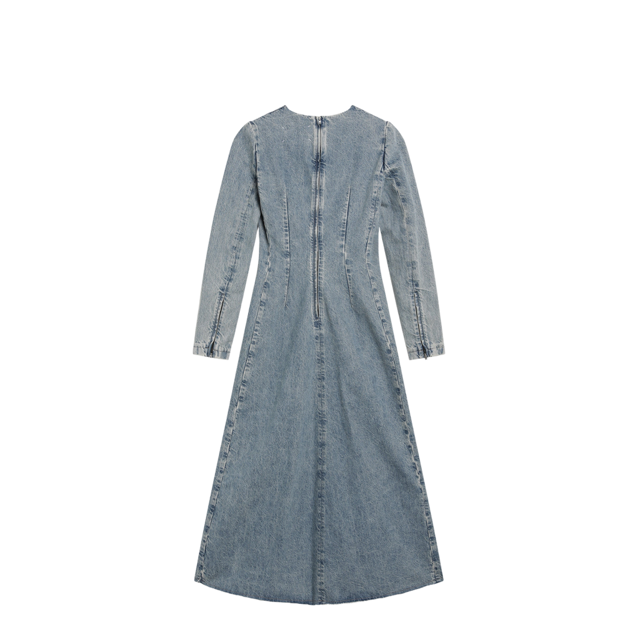 Cup-shoulder denim midi dress in ice blue