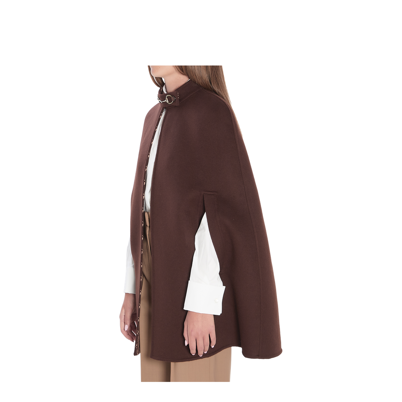 Silk Wool Cape with Horsebit in Brown