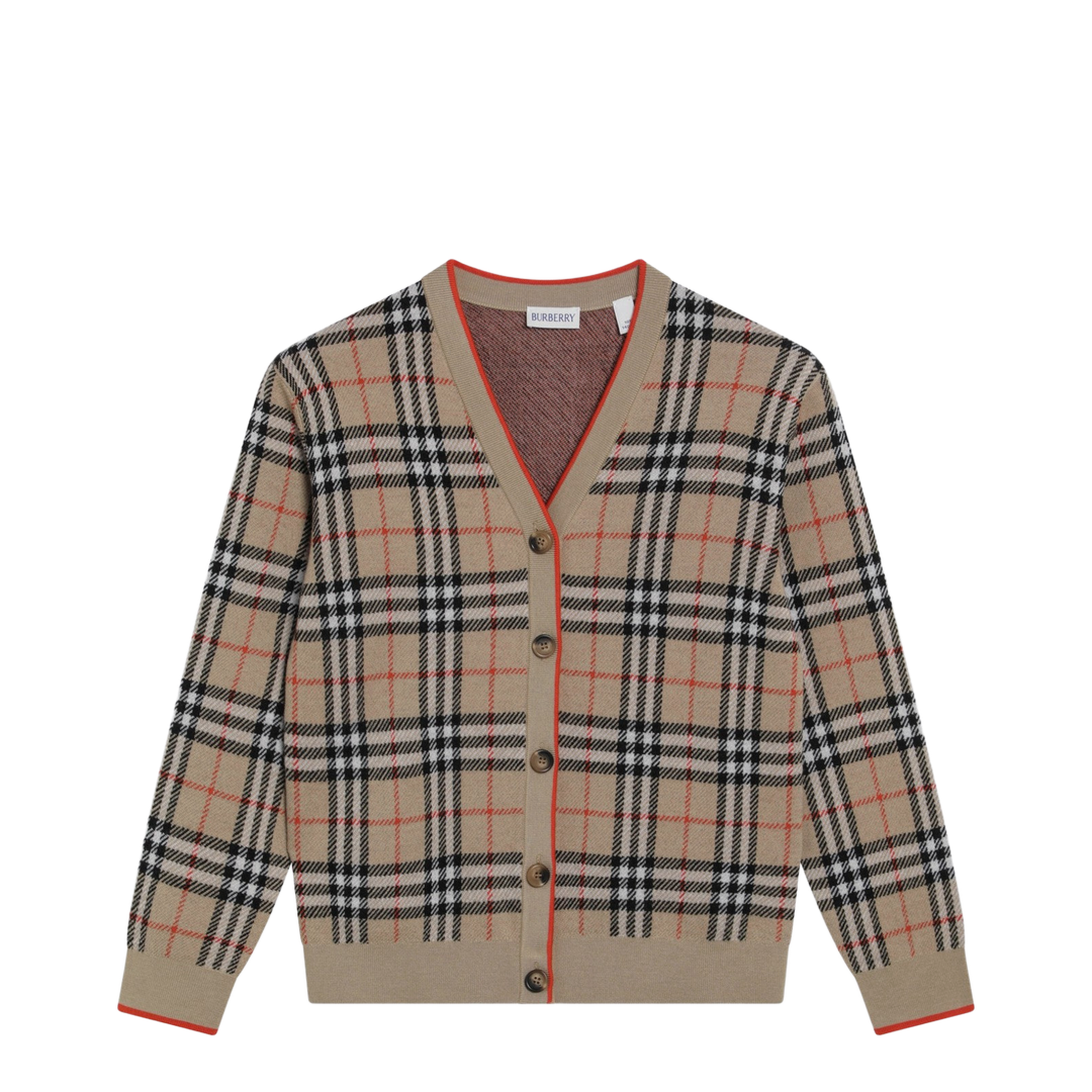 Beige Wool Cardigan with Check Motif