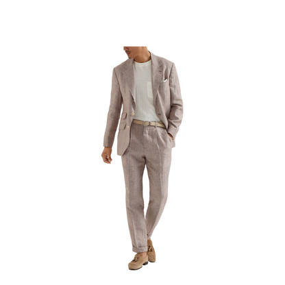 Linen Prince of Wales Leisure Fit Trousers with Pleat