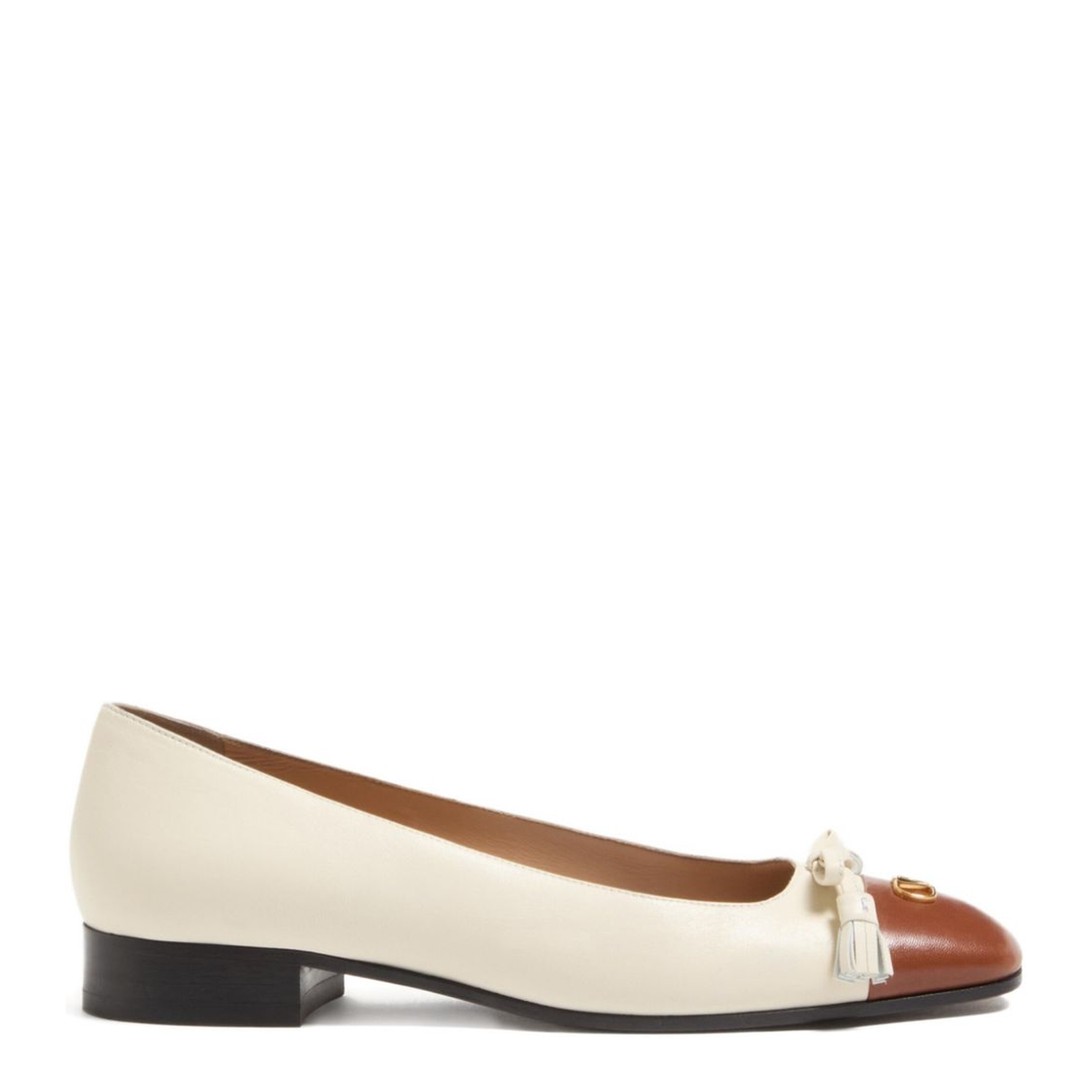 Off-White Brown Leather Toe Cap Tassel Detailing Gold-Tone Logo Accent Low Block Heel
