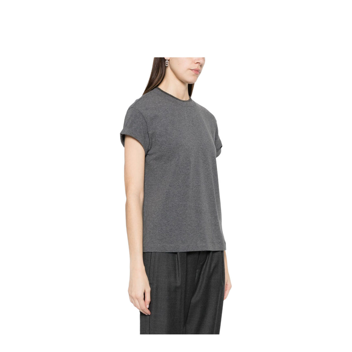 Grey Crew Neck T-shirt with Pearls in Stretch Cotton