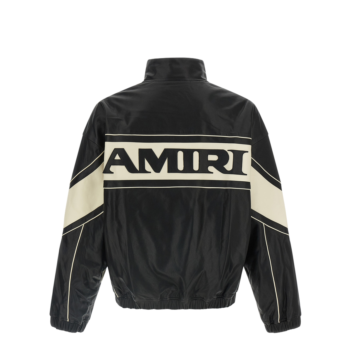 Black Jacket With High Neck And Maxi Logo Lettering On The Front And Back In Leather