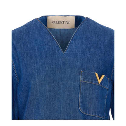V-Neck Pocket Denim Shirt Blue