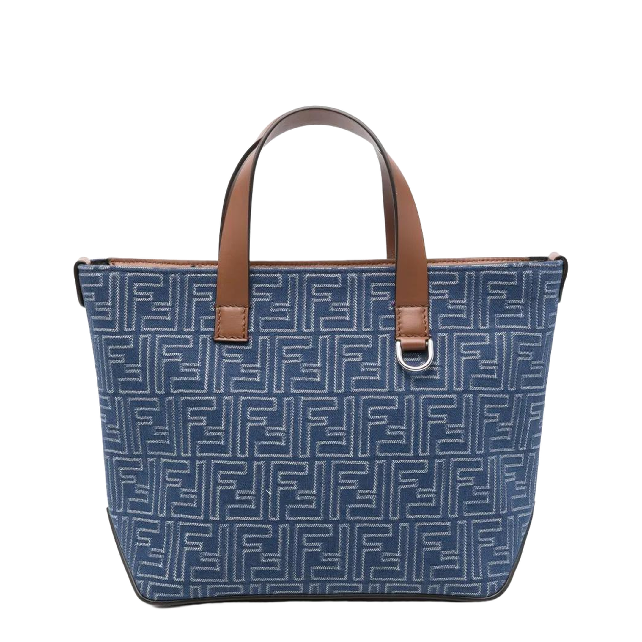 FF Leather Denim Effect FF Jacquard Blue And Brown Small Shopping Bag