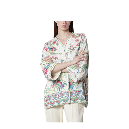 Cotton-Blend Basketweave Kesa with Flora and Fauna Motif