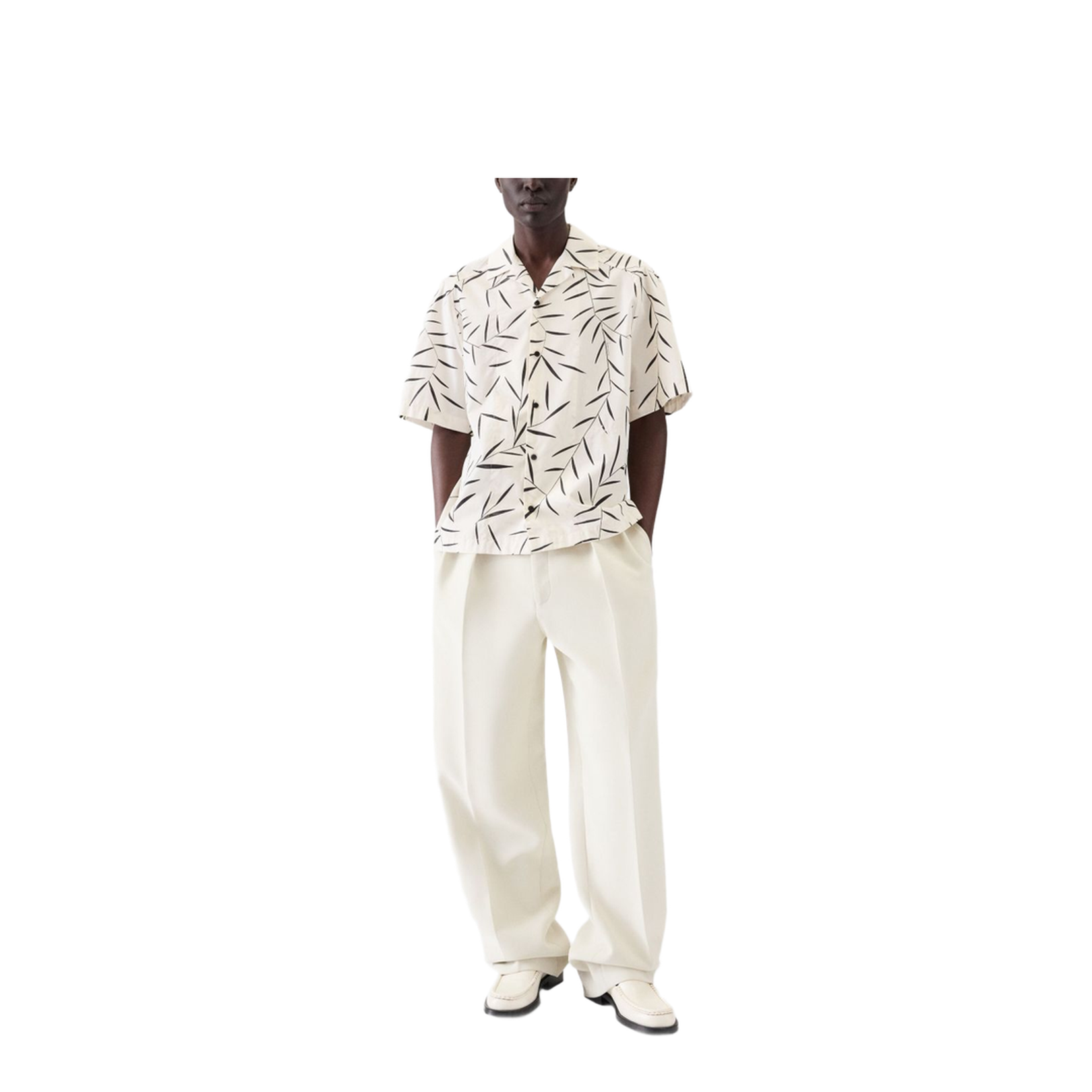 Cream Black Leaf Pattern Camp Collar Shirt