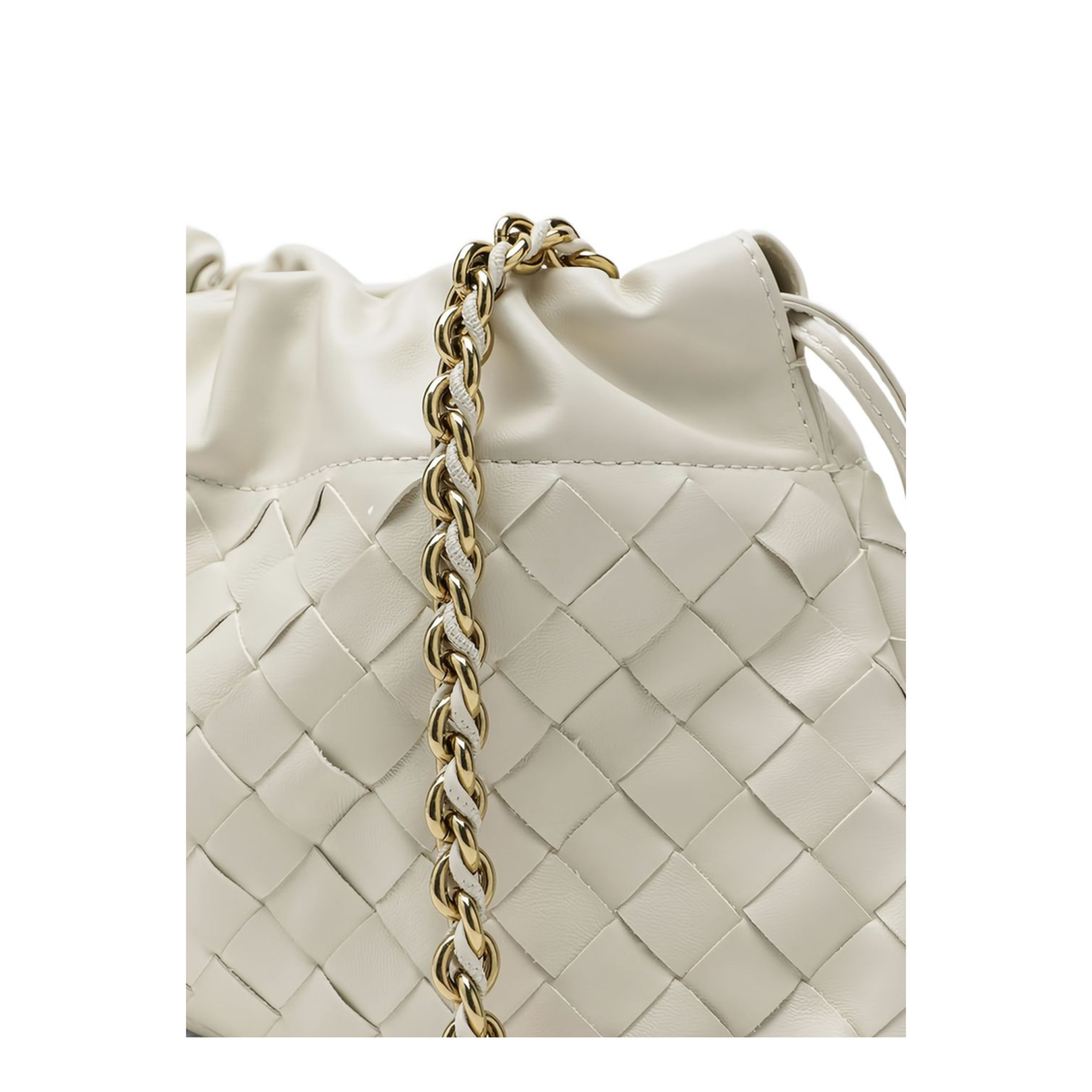 Off-White Leather Woven Design Drawstring Closure Chain-Link Shoulder Strap Gold-Tone Hardware