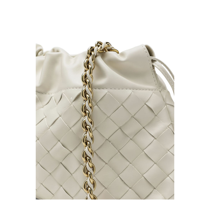 Off-White Leather Woven Design Drawstring Closure Chain-Link Shoulder Strap Gold-Tone Hardware