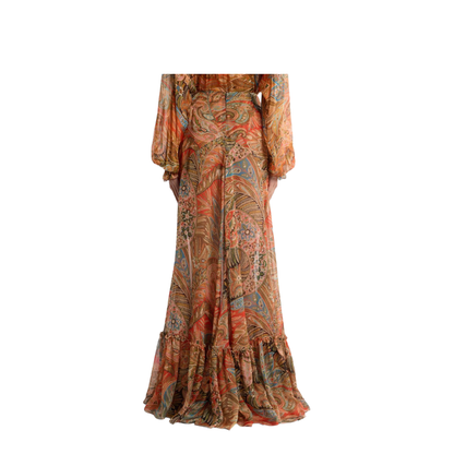 Silk Maxi Skirt with Flounce and Paisley Motif