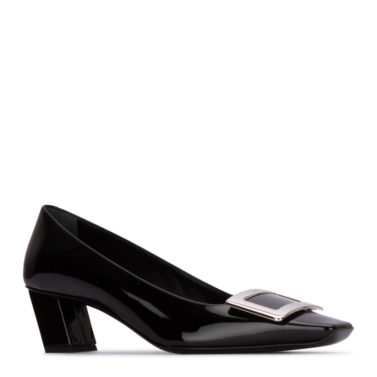 black calfskin pumps with buckle and wide heel