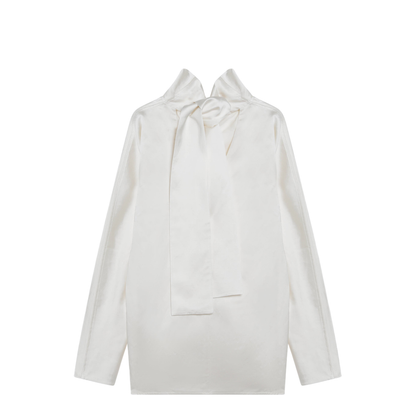 White Draped Blouse in Viscose-Linen with Waterfall Neck