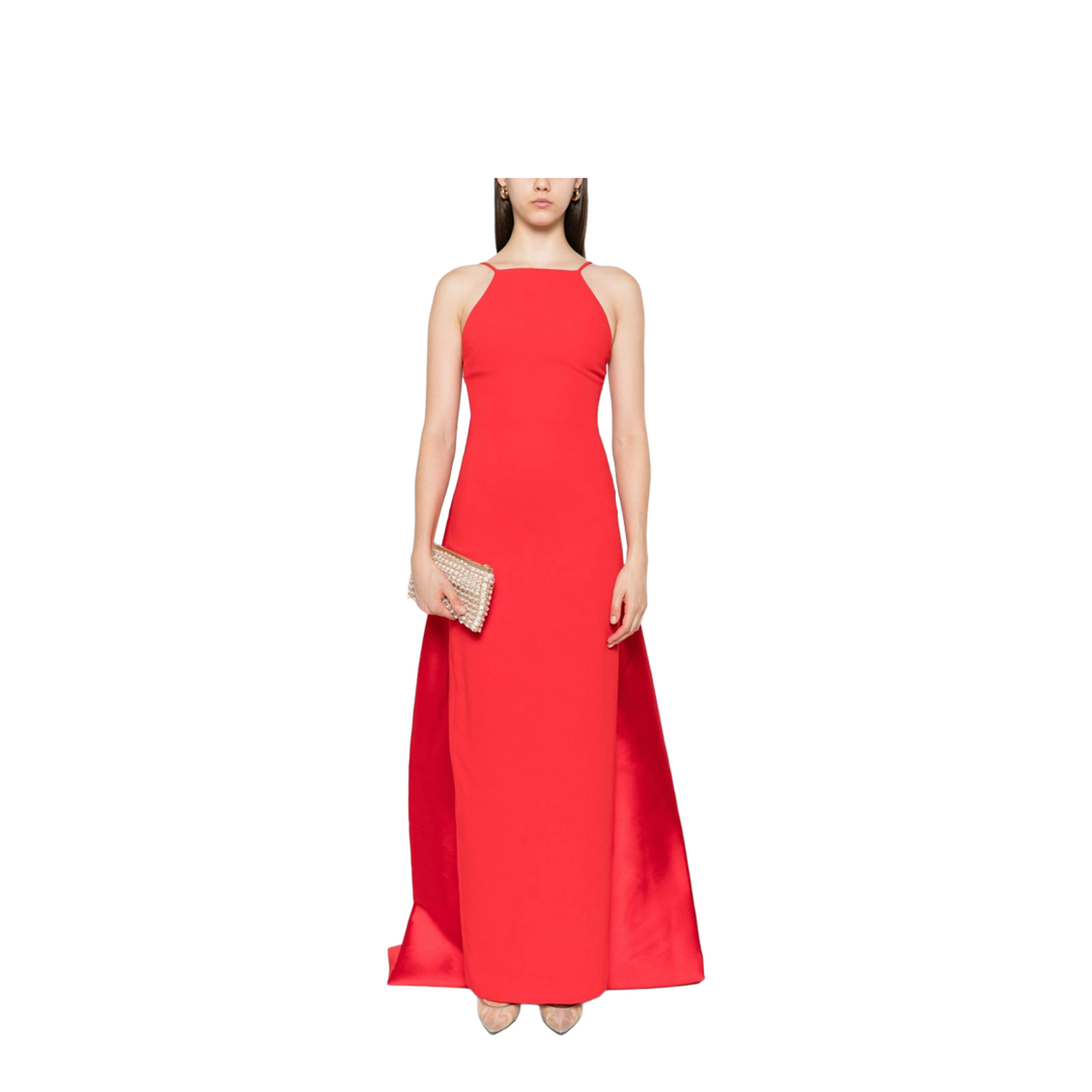 Halterneck Sleeveless Fitted Bodice Floor-Length Skirt Train Detail Dress