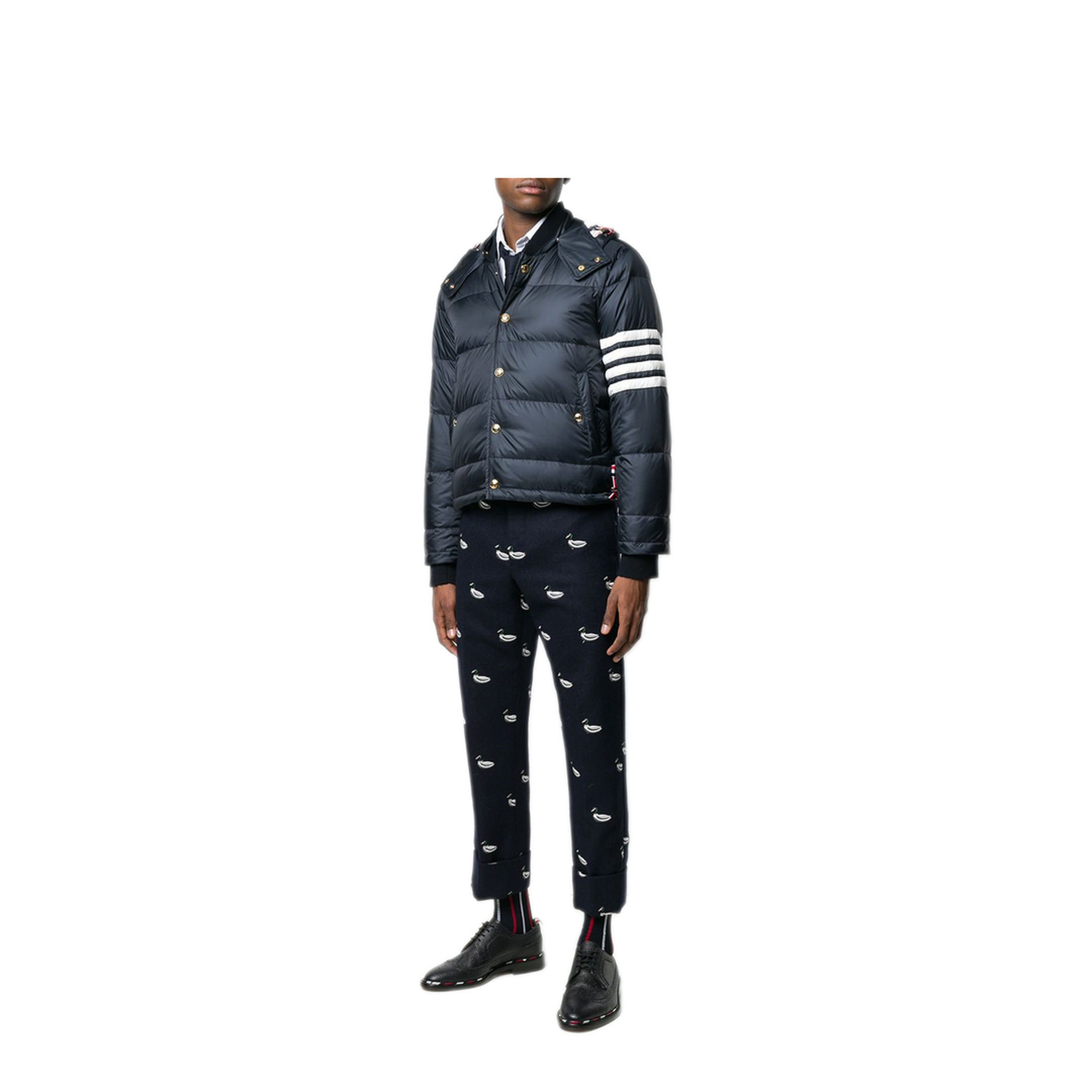 MAYFEYR - Thom Browne - Downfilled Snap Front Detachable Hood Bomber With 4Bar In Matte Finish Nylon - MJD061X05411415