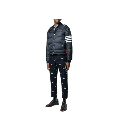 MAYFEYR - Thom Browne - Downfilled Snap Front Detachable Hood Bomber With 4Bar In Matte Finish Nylon - MJD061X05411415