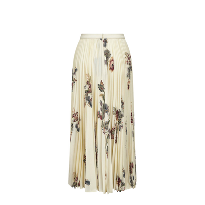 Beige Floral Print Sablé Pleated Midi Skirt