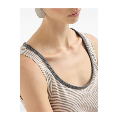 Linen Striped Crew Neck Top with Contrasting Trim and Necklace