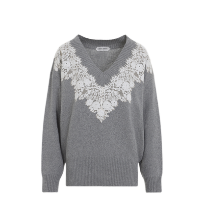 MAYFEYR - ALBERTA FERRETTI - Lace Trim V Neck Sweater - A091066010474