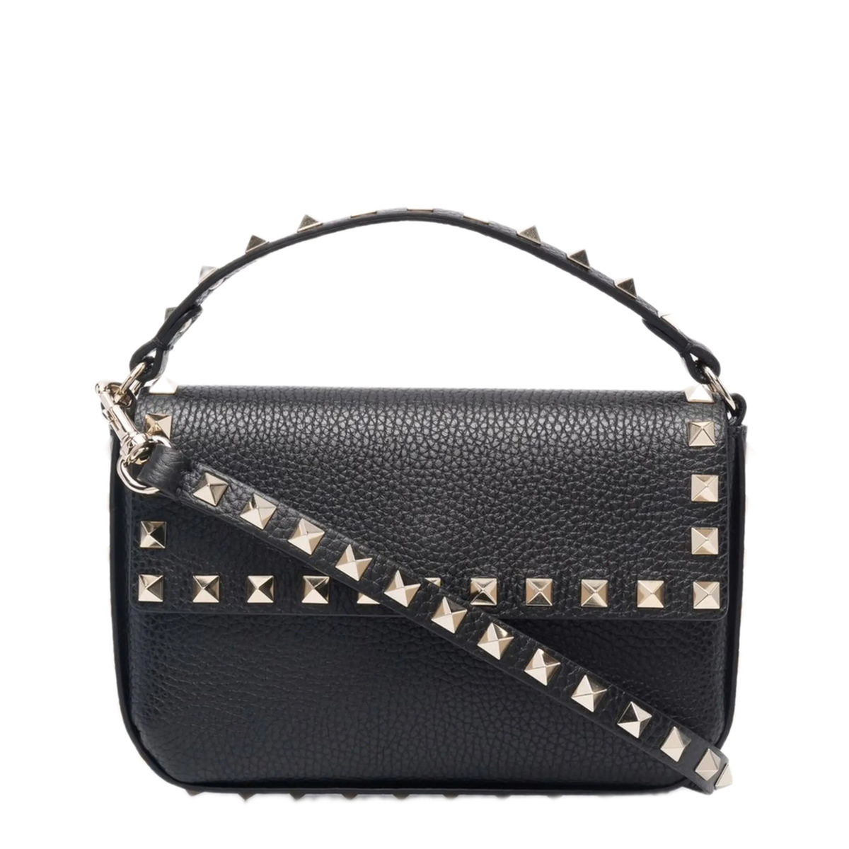 Rockstud Pouch In Grained Calfskin Leather, Black