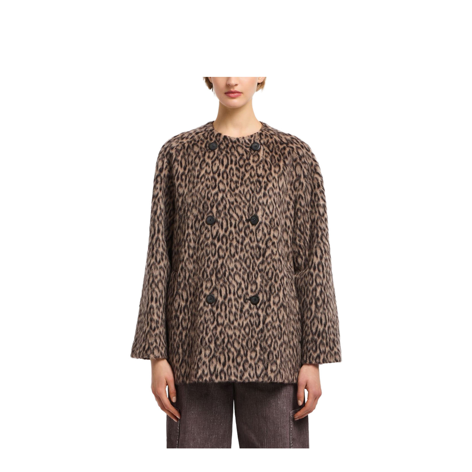 Double-breasted animal-print wool-blend pea coat